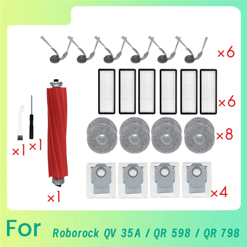 A61I 27 PCS For Roborock QV 35A / QR 798/ QR 598 Vacuum Cleaner Main Side Brush Mop Filter Dust Bags Durable & Easy To Install