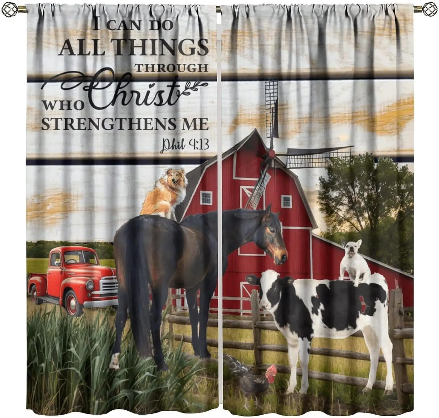Rustic Farmhouse Curtain Polyester Window Drapery Christian Barn Scene Horse Bible Verse Inspirational Home Decor
