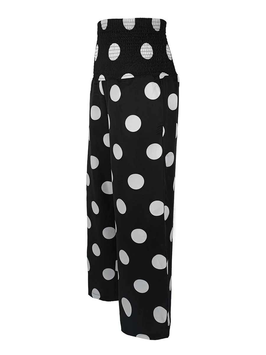 Hochgeschnittene Damen-Hose mit Polka-Dot-Muster, Weites Bein, Elastischer Bund, Palazzo-Stil, Schicke Sommer-Strandhose, Boho Casual Lange Hose – Detail 5