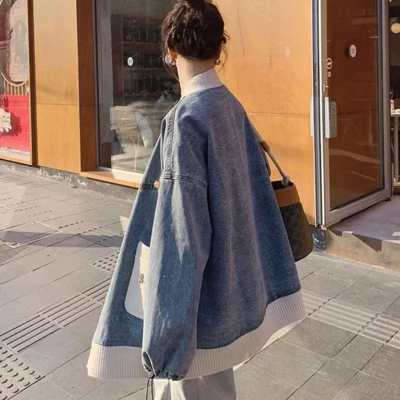 New Oversized Women\'s Denim Coat Autumn Design Sense Loose Baseball Jacket Top Fashion Female Sweater Patchwork Outerwear 4XL