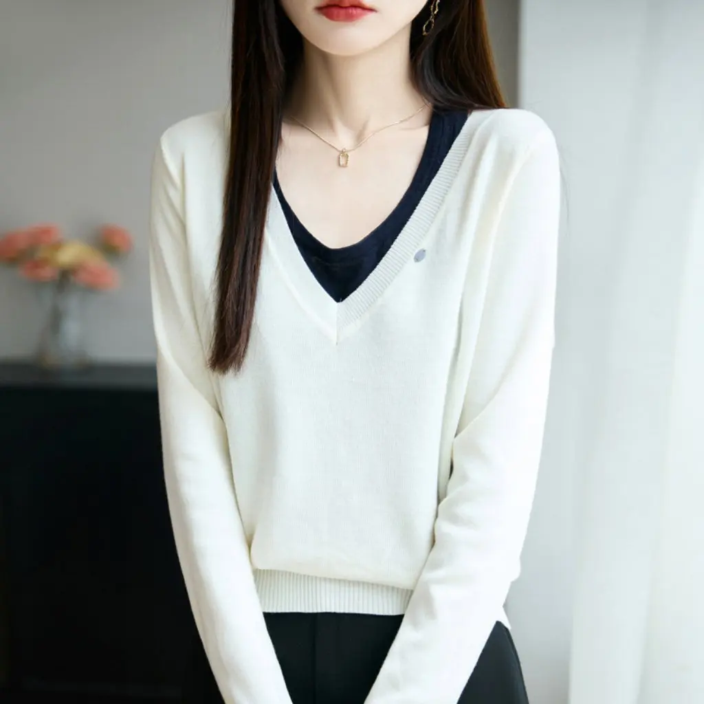 

Early Autumn New V-Neck Color Block Design Casual Knitted Sweater Women Loose Bottom Shirt Fashionable Base Layer Top
