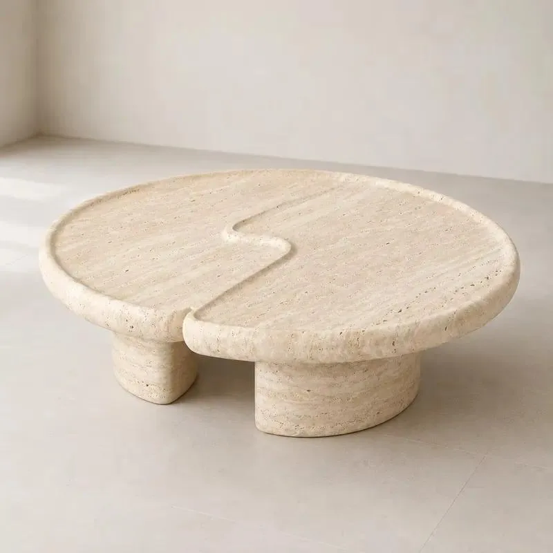 Low Limestone Coffee Table with Round Stone Top