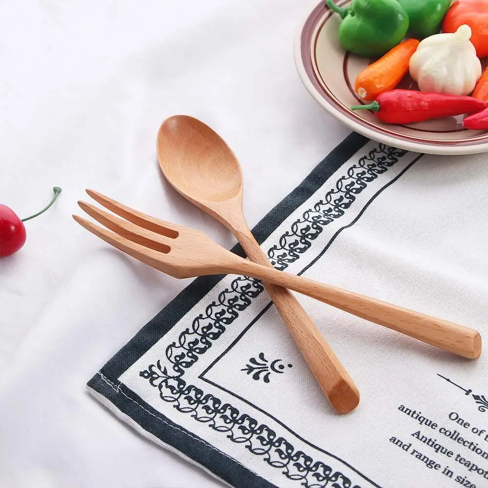 

Creative Dinner Kitchen Salad Wood Handle Dessert Fork Wooden Spoon Tableware Utensils