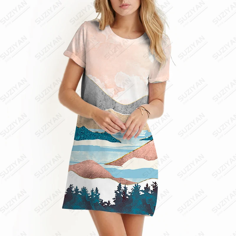 Summer new lady dress landscape painting 3D printed lady dress retro style ladies dress fashion trendy casual lady dress