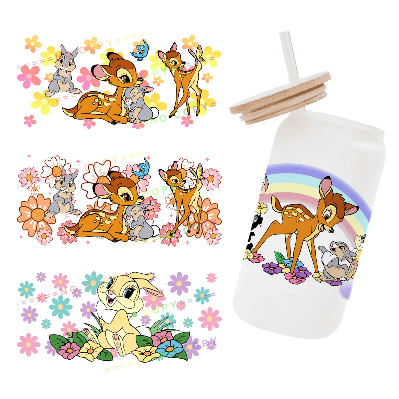 W Hot Disney Bambi Printed UV DTF Transfer Sticker Waterproof For 16oz Glass Cup Wrap Stickers