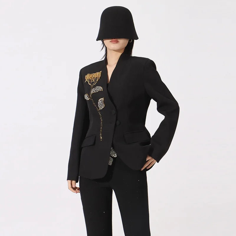 HKSH Spring Autumn New Women Blazer V-neck Single Breasted Beaded Flower High-End Slim Fit Elegant Fashion Tide Ins Coat HK16437