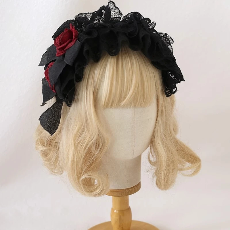 오리지널 블랙 앤 레드 레이스 로리타 헤드피스 인형 스타일 리본 팔찌 KC 고딕 로 마더 할로윈 헤어 액세서리