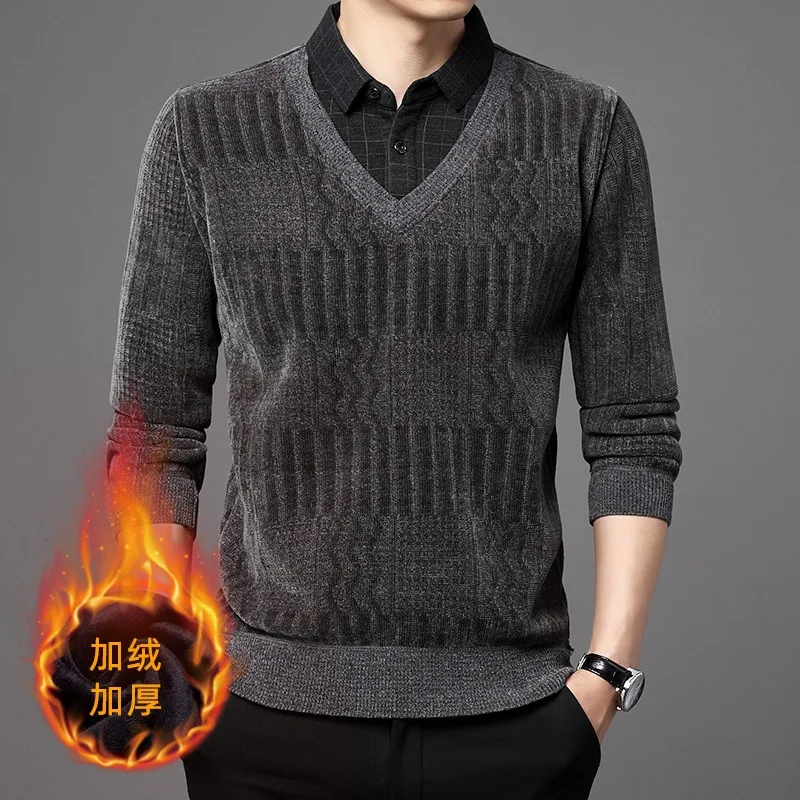 

Зимний новый стиль, бархатная утолщенная теплая рубашка с лацканами, воротник рубашки, искусственная двухсекционная повседневная трикотажная рубашка, пуловеры