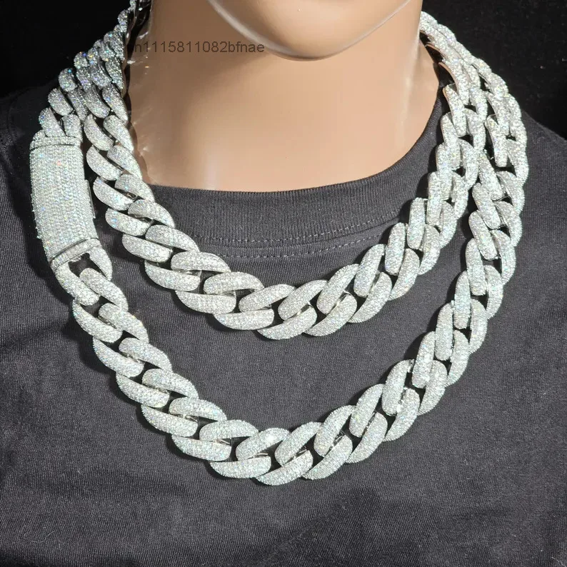 Pass Tester VVS Moissanite 925 Silver Rhodium Plated Brilliant Cut Hiphop Iced Miami Cuban Link Unisex Party Necklace Starspire，