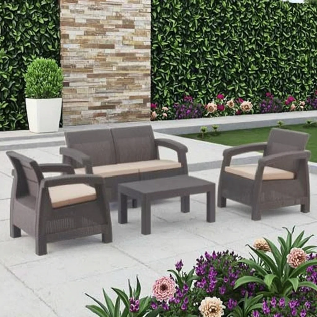 

Durable Modern Outdoor Wood Sofas Set with Fabric Cushions Table for Garden Beach Courtyard Park and Hotel