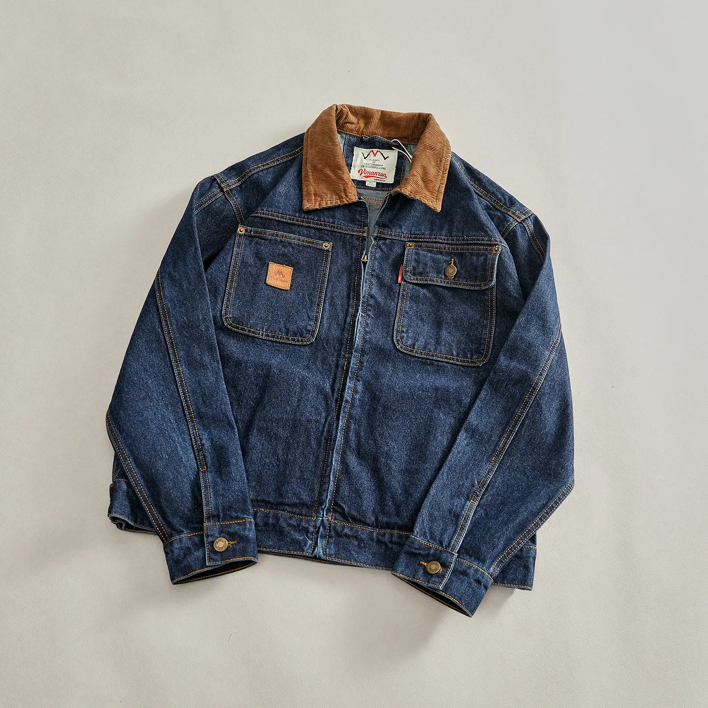 2026 Autumn New American Retro Heavyweight Neckline Contrast Color Multiple Pockets Washed Denim Jacket Men's Loose Casual Coat