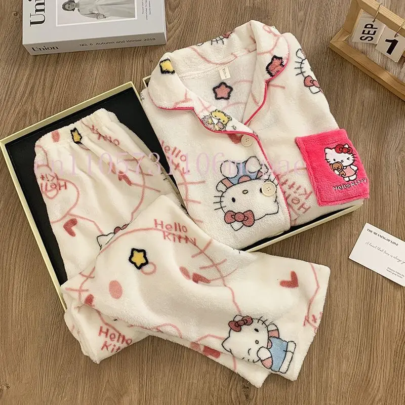 

MINISO Hello Kitty Women's 2025 Flannel Cardigan Pajama Set Winter Button Down Collar Embroidered Minimalist Casual Home Wear