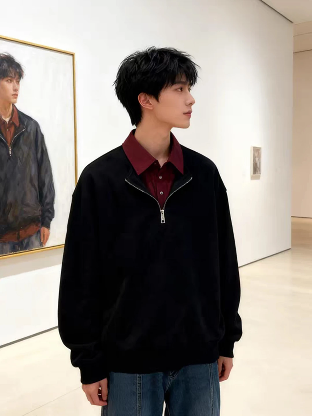 

Cleanfit American Sle Long Sve irt Men's Spring f Zipper irt Collar Sweatirt Inner Wear Casual Loose Fit