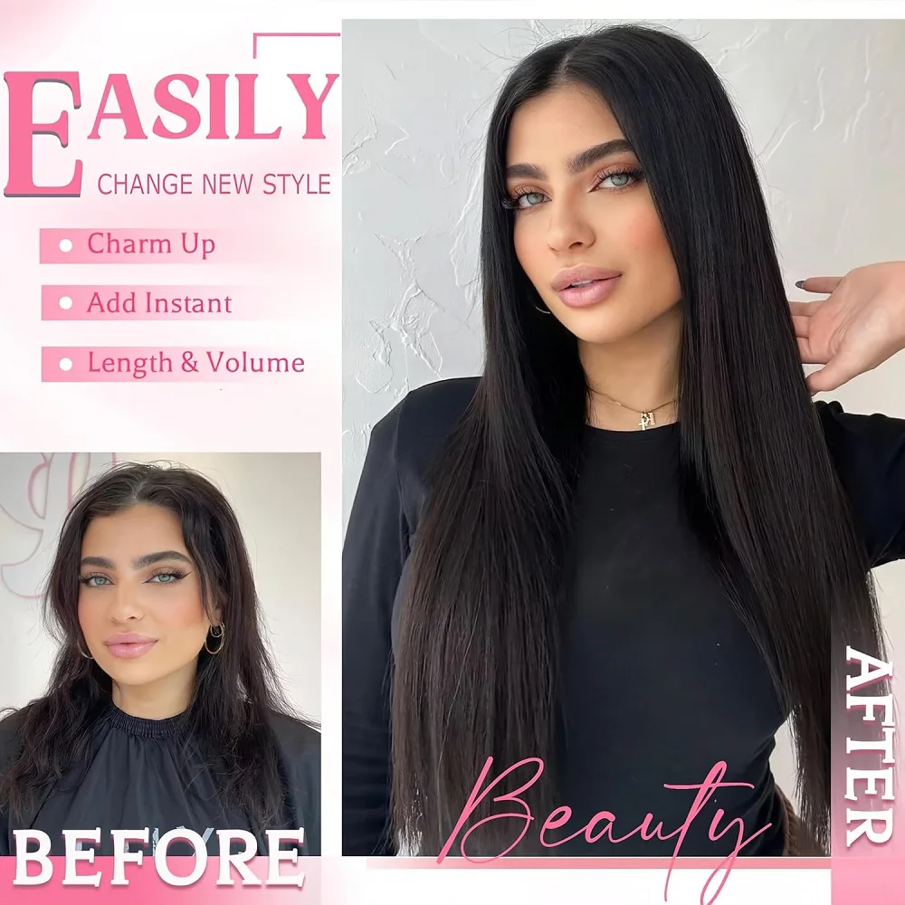 وصلة شعر بشري بمشبك 200 جرام، لون أسود طبيعي، شعر ياكي مستقيم بدون خياطة للنساء