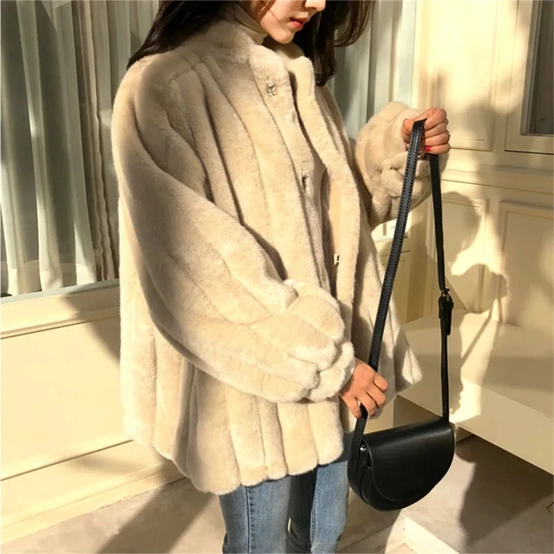 New Imitation Mink Fur Coat Women's Long Plush Stand Collar Faux Mink Fur Korean Loose Outwear Autumn And Winter Female Top