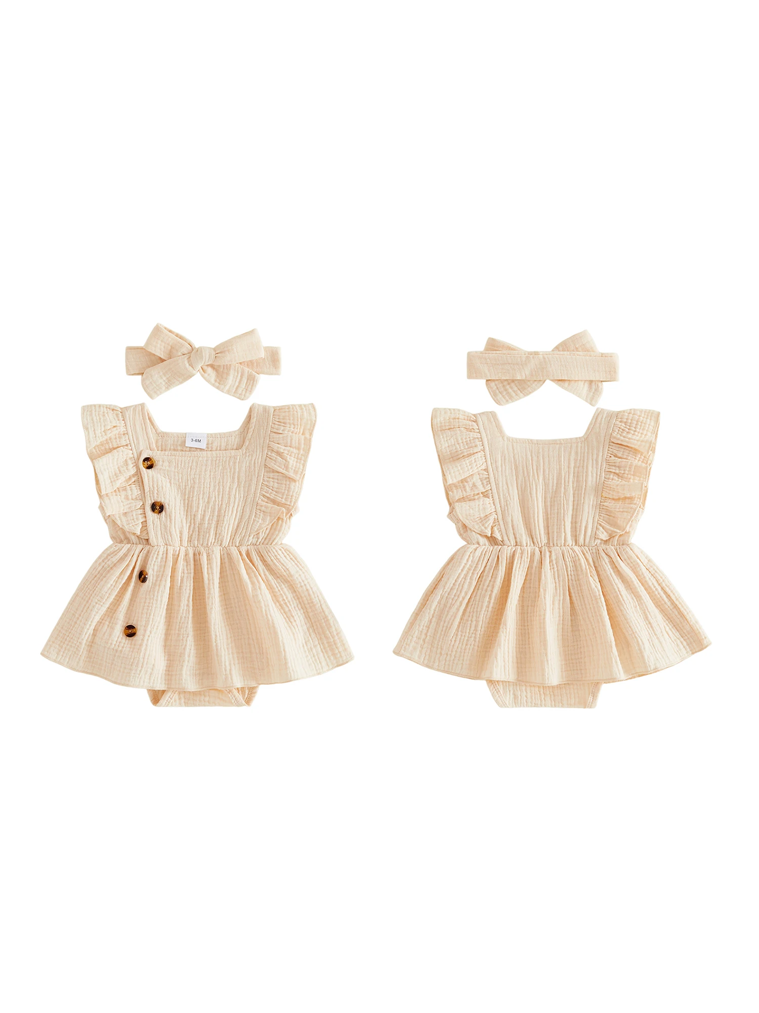 

Adorable Baby Girl Romper Dress with Cute Ruffles and Matching Headband - Stylish Solid Color Jumpsuit for Infants
