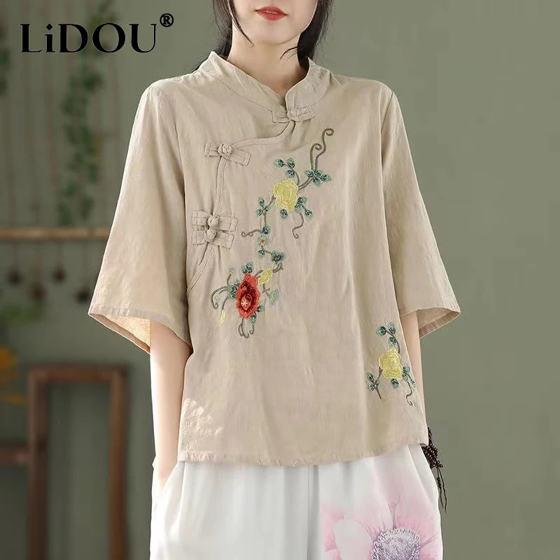 2023 Summer Vintage Round Neck Half Sleeve Chinese Style Shirt Women Slant Opening Frog Embroidered Temperament Cotton Hemp Tops