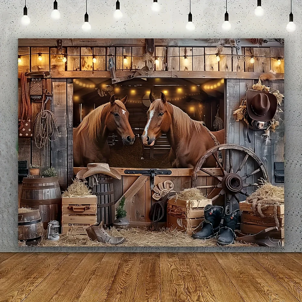 Western Horse & Cowboy Tapestry - Wooden Barn Wheel Design, Polyester for Parties & Events