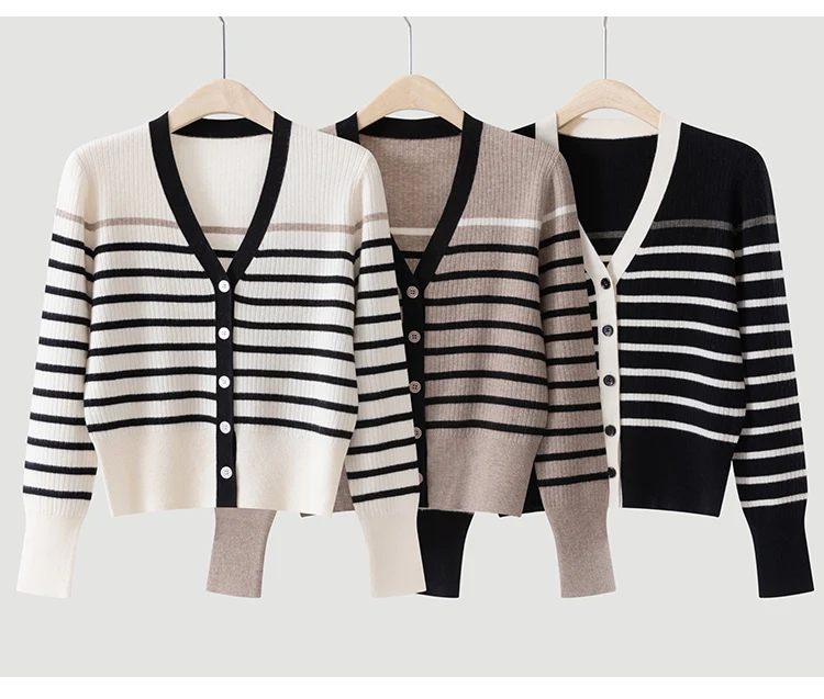 MZ62028 Damen Vintage Gestreifter V-Ausschnitt Gerippter Strick Langarm-Cardigan mit Kontrastbesatz Knopfleiste Modal-Mischung Frühherbst-Pullover – Detail 12