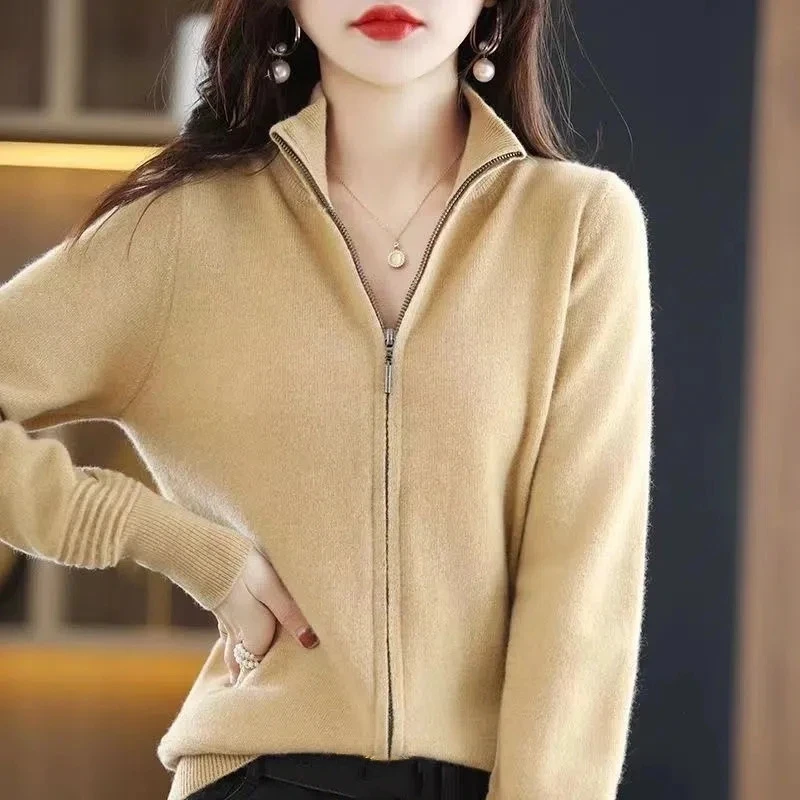 Spring Autumn Women Cardigan Short Knitted Sweater Jacket Korean Loose Wild Zipper Cardigans Ladies Solid Color Sweater Coat Red