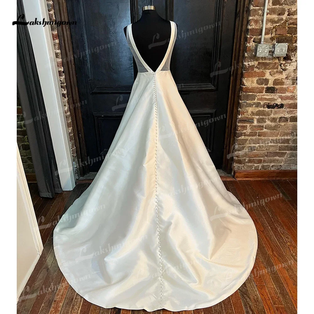 Simple A Line Wedding Dress Elegant O-Neck Off the Shoulder Open Back Bow Button For Women Bride Gown Satins Sweep Vestidos Robe