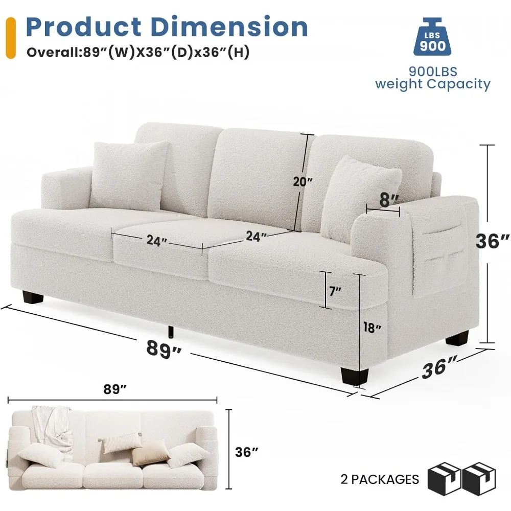 KKL Deep Seat Sofa 89 Inch with Throw Pillow, Modern Sofa, Couches for Living Room, Comfy Sofa, Sleeper Couch, Bouclé