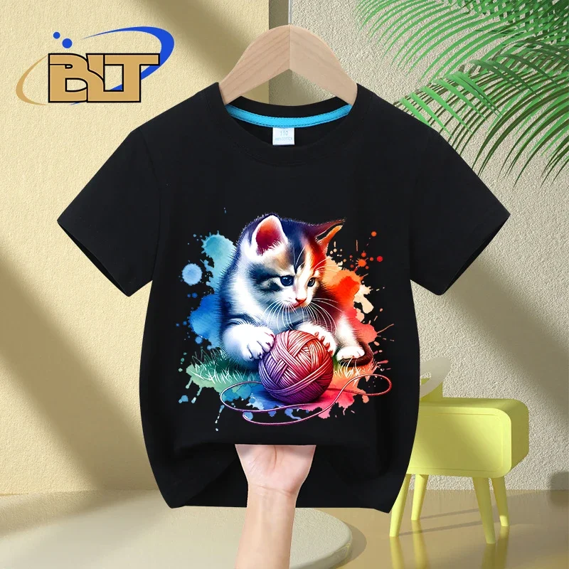 Camiseta con estampado de gatito juguetón de acuarela para niños, tops casuales de manga corta de algodón para niños y niñas, Verano