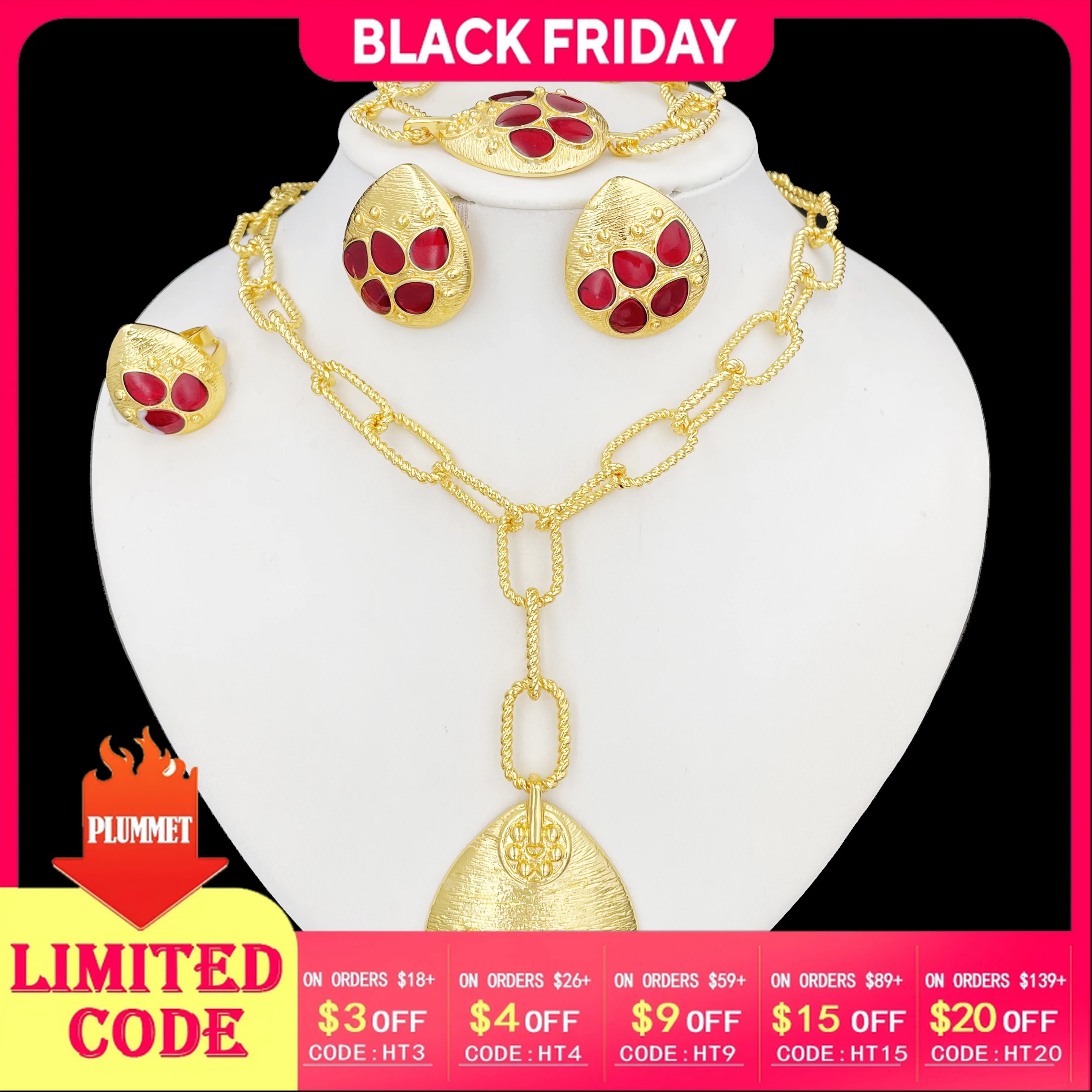 

Women Jewelry Set Latest Design Gold Plated Long Pendant Necklace Earrings Bracelet And Ring Full Set Jewelry Party Trending