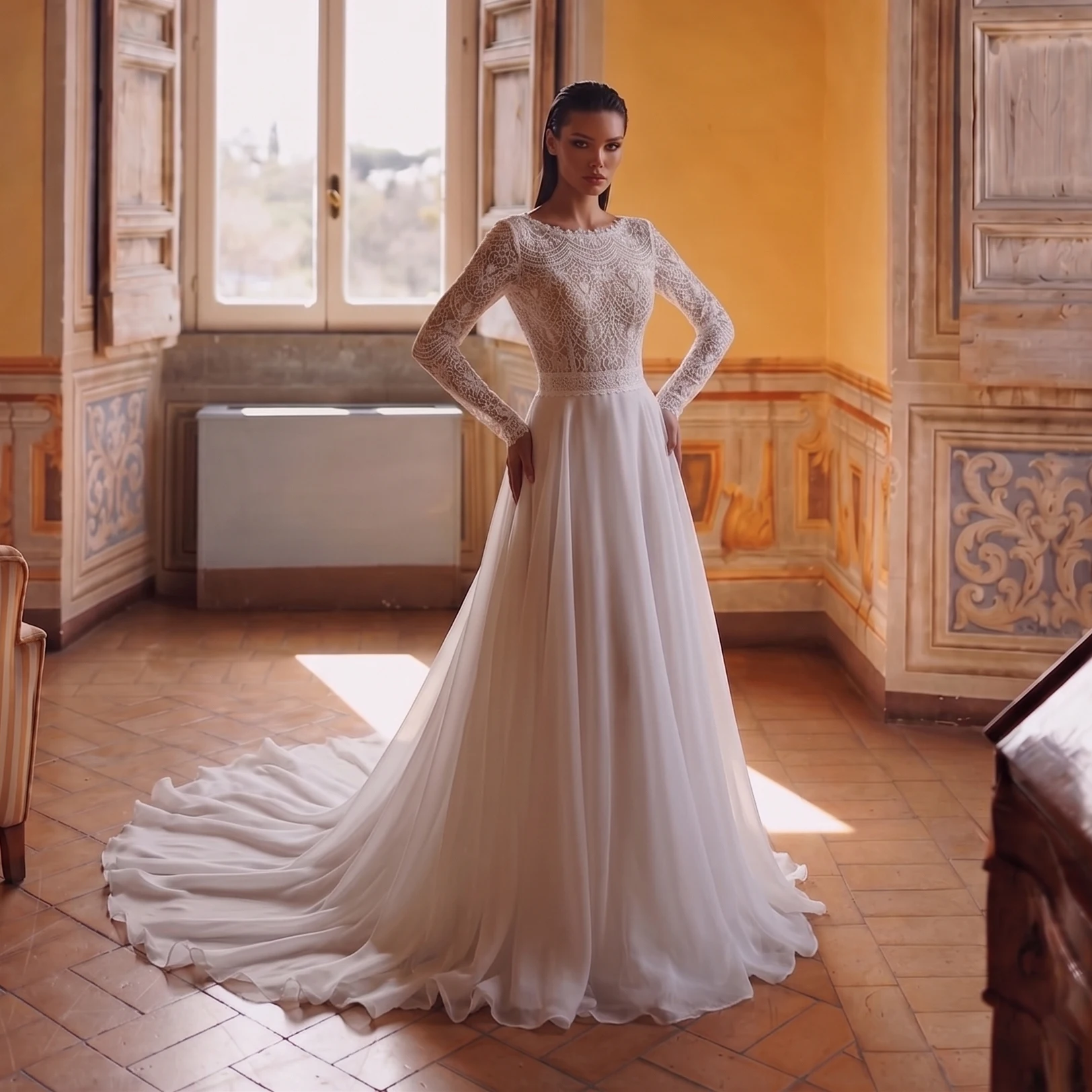

Sharon Said Lace Long Sleeve Wedding Dress with Detachable Overskirt Modest Bridal Gowns for Women SW714 Custom