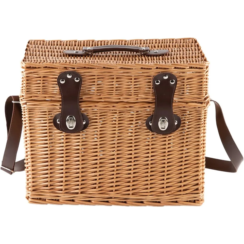 Wicker Picnic Basket, Rectangular Storage Basket with Carrying Strap for Camping Travel Party