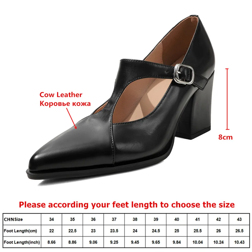 MILI-MIYA Women's Full Genuine Leather Chunky Heel Pumps With Pointed Toe And Solid Color Buckle Strap Career&Office Pumps