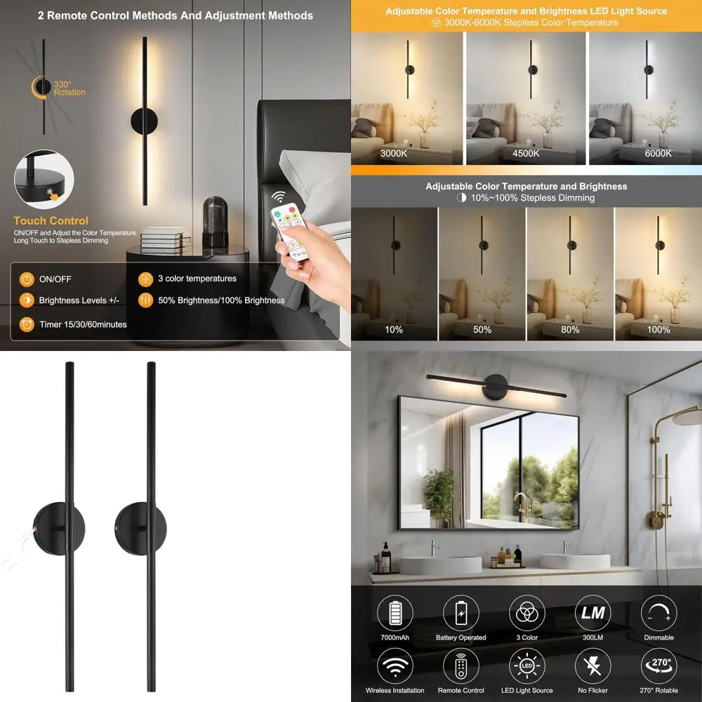 

Rechargeable LED Wall Sconces Set, 2-Pack, Cordless Dimmable, 3 Color Options, 28 Inch, Black