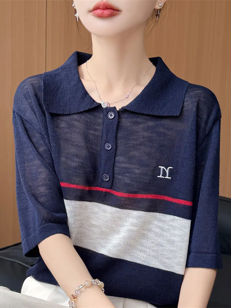 

Повседневный стиль: полосатая футболка из ледяного шелка с коротким рукавом, дышащая, трикотажная, женская, летняя, свободного кроя