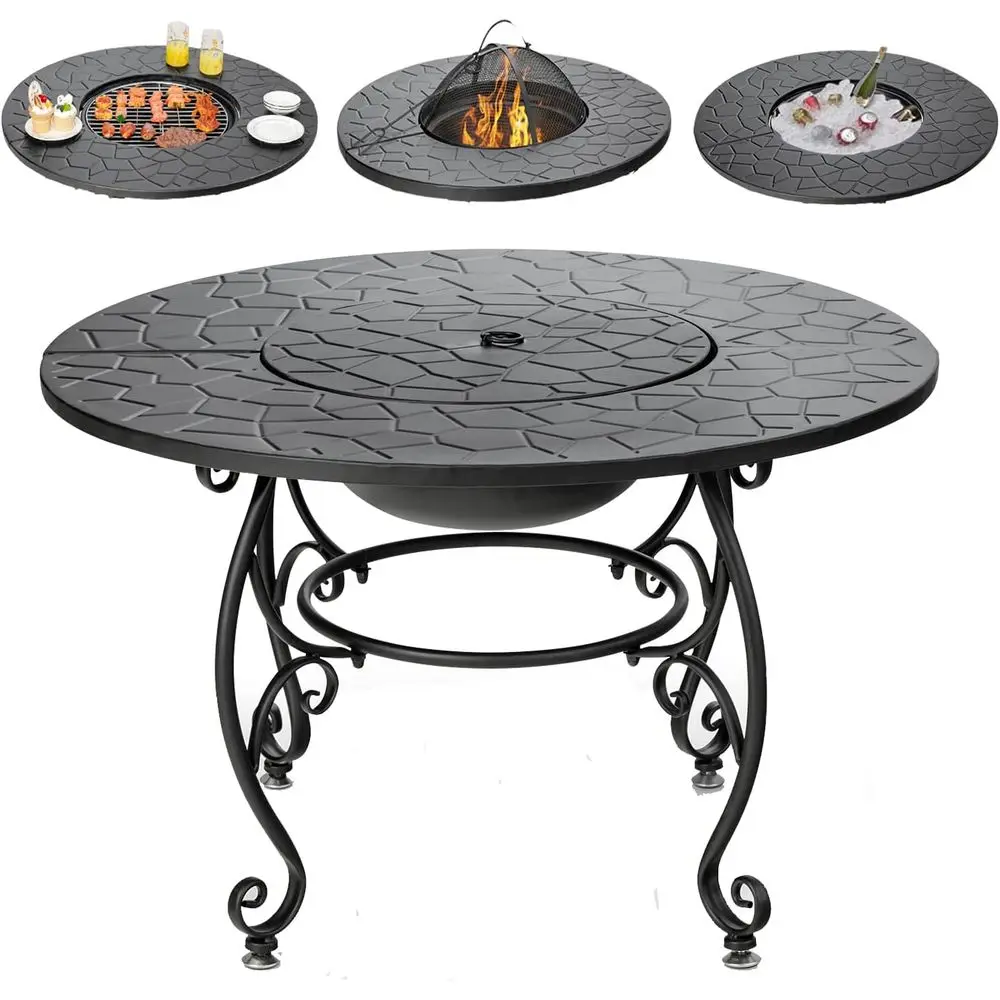 ire Pit Table 4-in-1 Outdoor Dining Table, 36 Inch Multiunctional Metal Round Patio Table, Wood Burning ire Pits with Cover, Gri