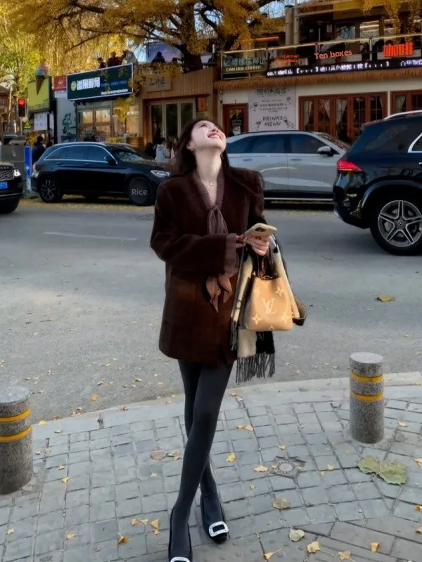 

Women's Loose Fit V-Neck Tweed Jacket with Bow Tie Design Early Spring New Style Korean Version Long Sleeve Commute Outerwear