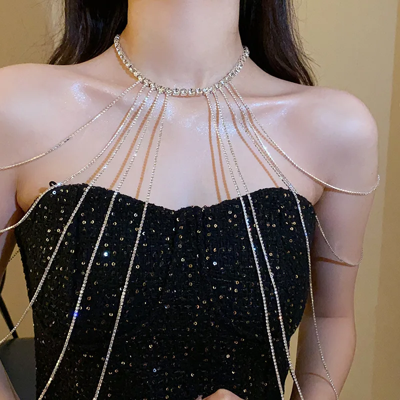 MOGAKU Long Tassel Women Body Chains Shiny Full Rhinestones Fashion Ladies Sexy Charming Shoulder Chain Party Wedding Jewelry