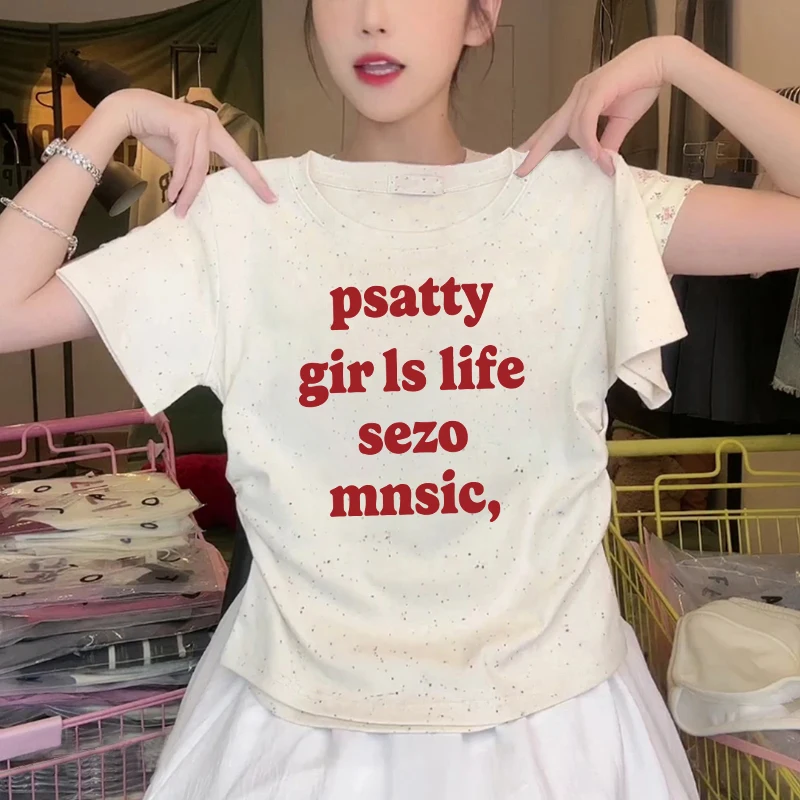 

Летняя футболка для женщин с высокой талией, с завышенной линией талии, из хлопка, с креативным принтом, для повседневной носки, в корейском стиле...