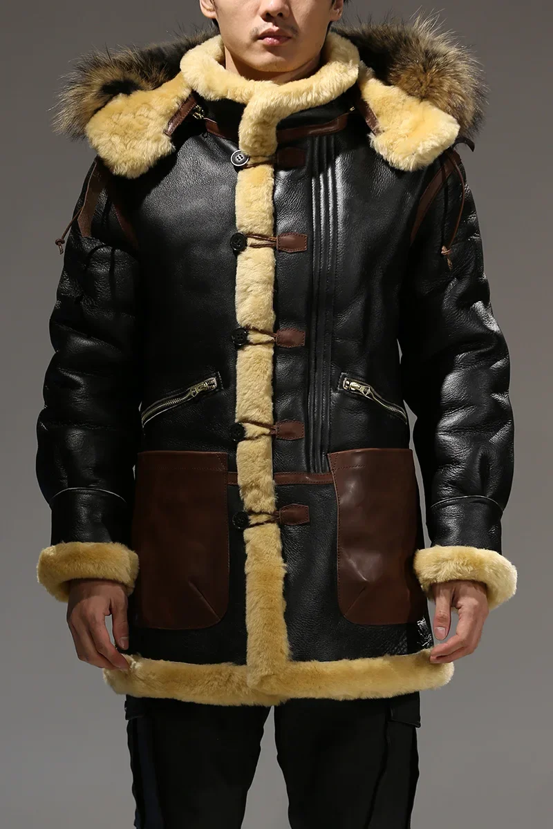 

B7 European Size High Quality Super Warm Genuine Sheep Leather Coat Mens Big B3 Shearling Bomber Military Fur Jacket
