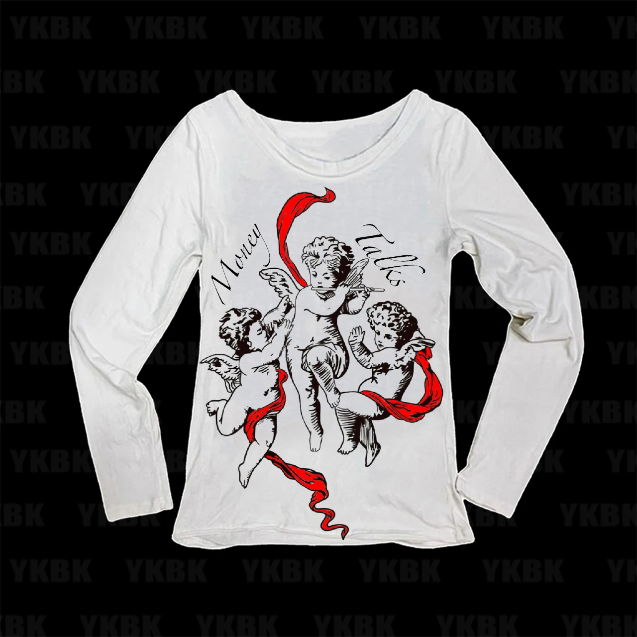 Money Talks Cherub Angels Graphic Print Women Long Sleeve Tshirt Vintage Retro Art Slim O Neck Female Streetwear Tops