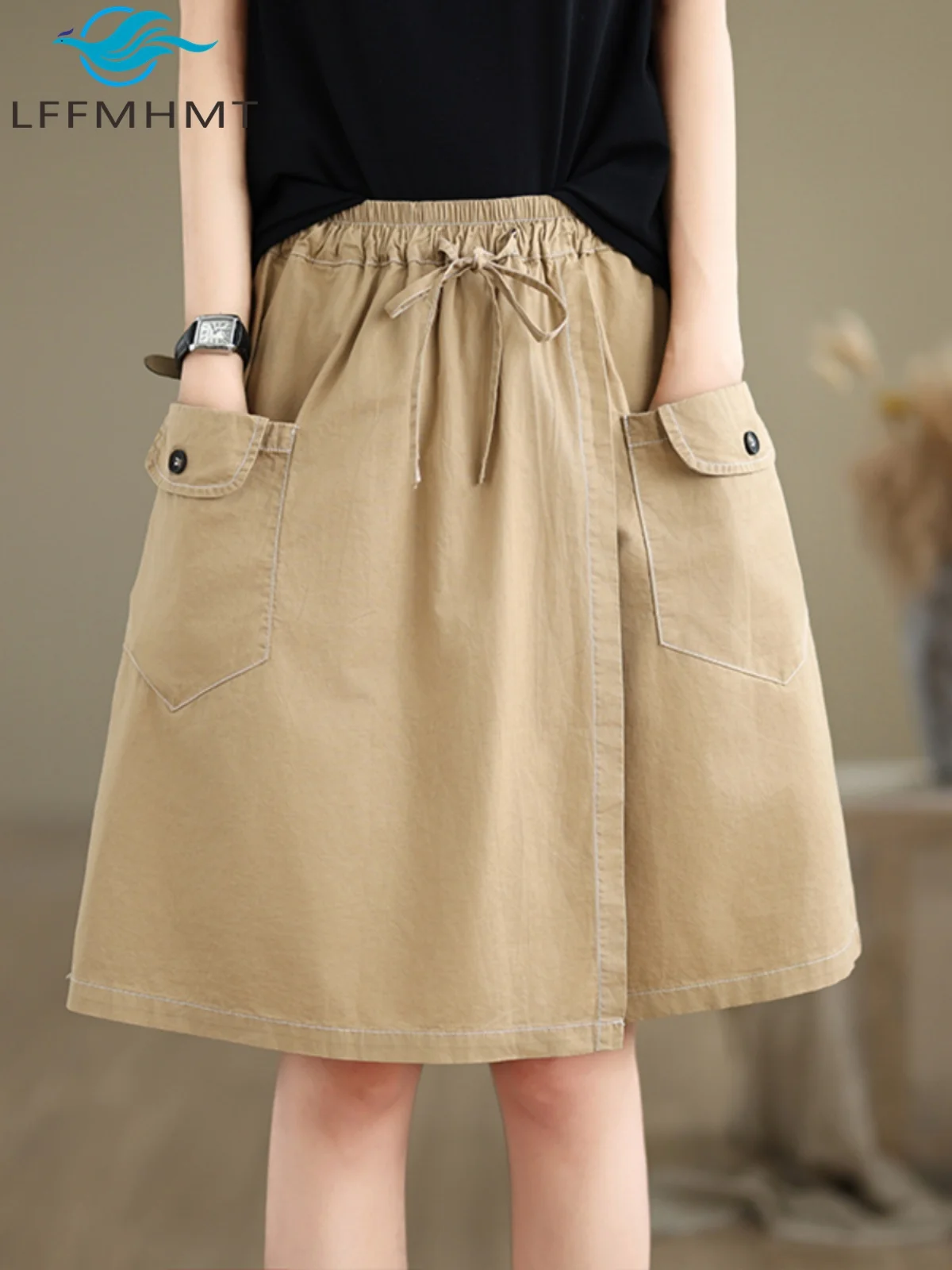 

Шикарный дизайн, женские повседневные шорты цвета хаки, летние модные однотонные брюки-карго с эластичной резинкой на талии, простые базовые брюки-карго средней длины с карманами