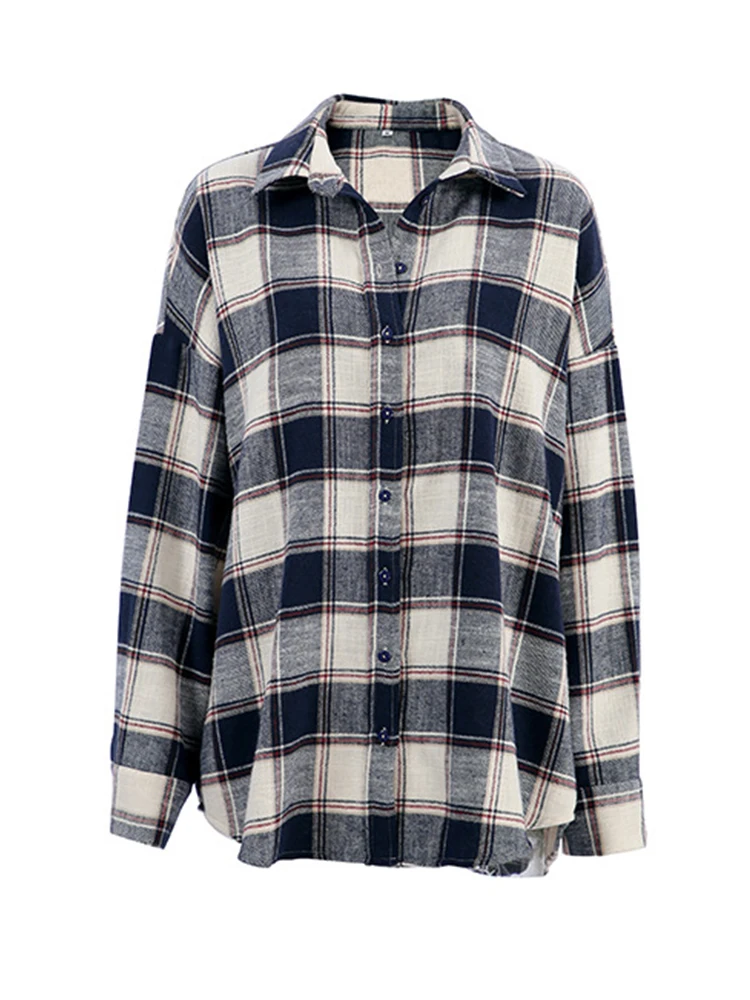 Mueyaruho 2024 Women Spring Winter Oversized Plaid Shirt Vintage Long Sleeve Loose Fit Thick Blouse For Woman