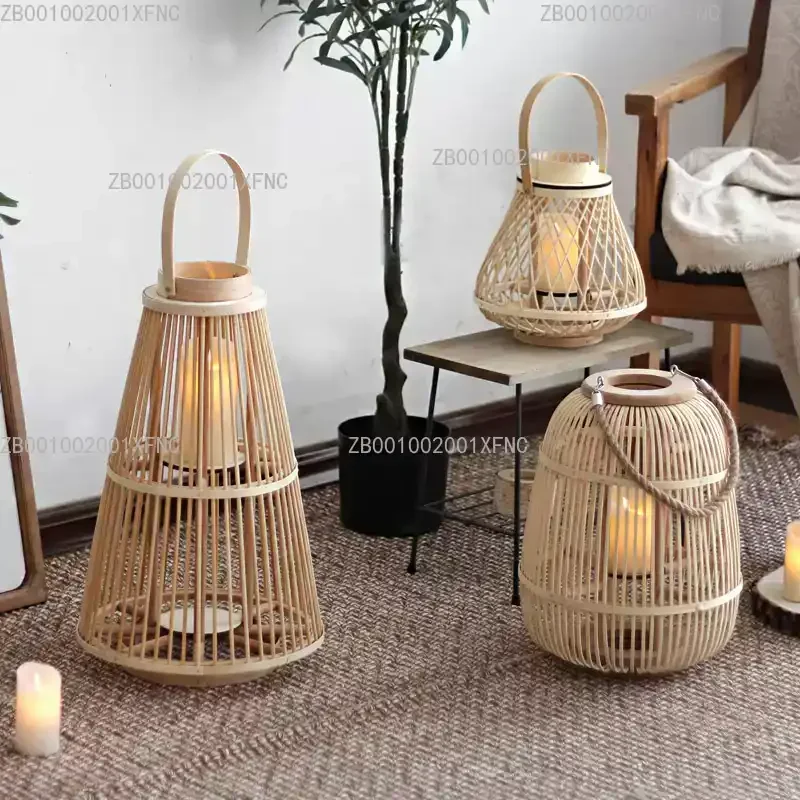Rattan Floor Standing Storm Lantern for Homestay Hotel Courtyard Decoration