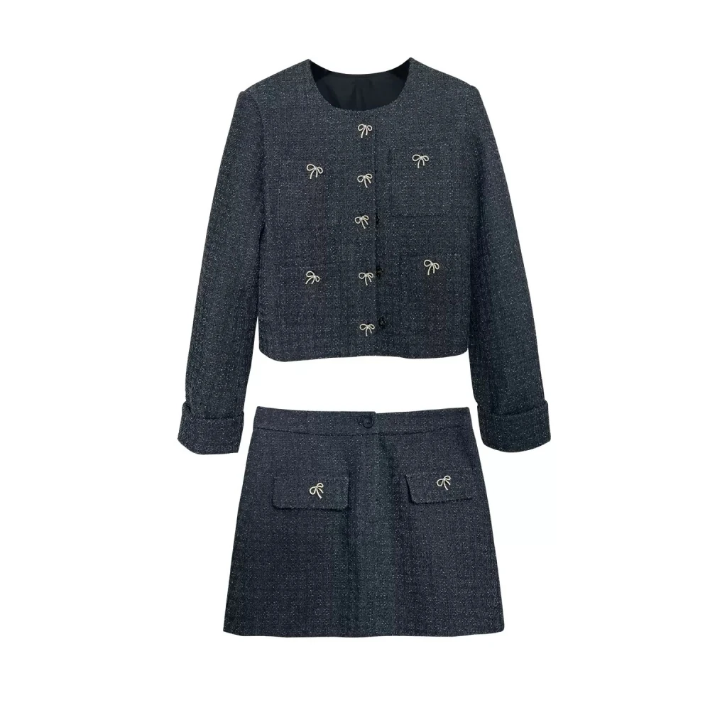 2024 Autumn/Winter Sequin and Rhinestone bowknot Tweed Set Women\'s High-waisted Skirt and Woven Jacket coat blazer