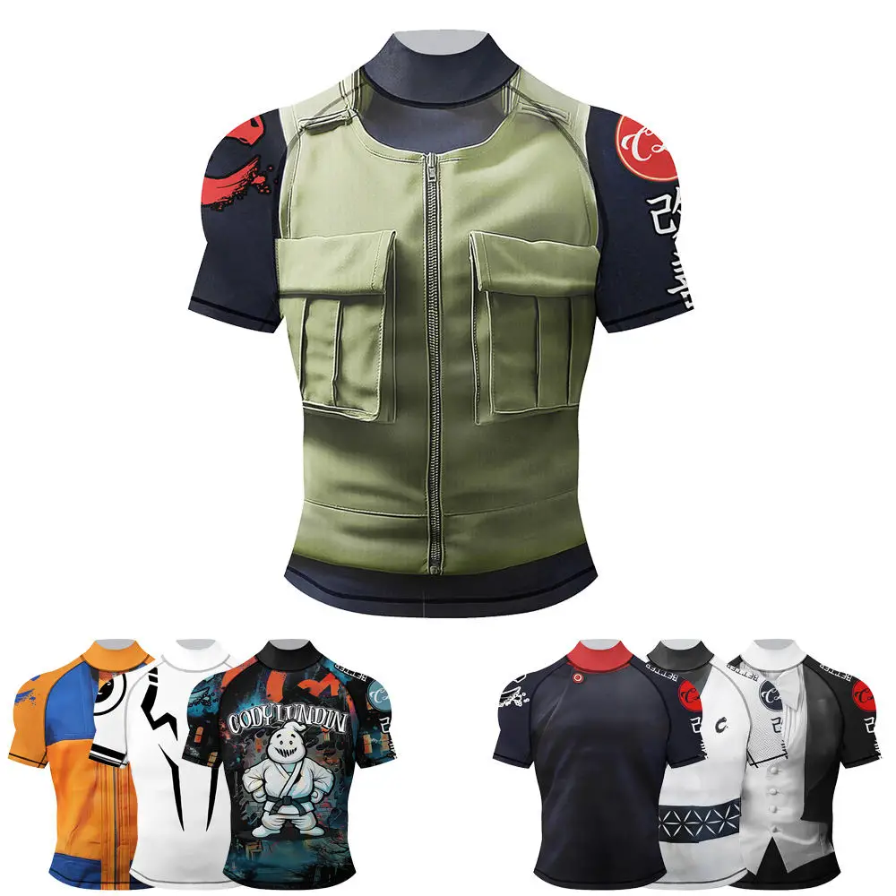 Jiu Jitsu Boxing Anti-Slip Rash Guard MMA Compression T-shirt with Mock Neck Men Sports Fitness Short Sleeve BJJ Rashguard Shirt