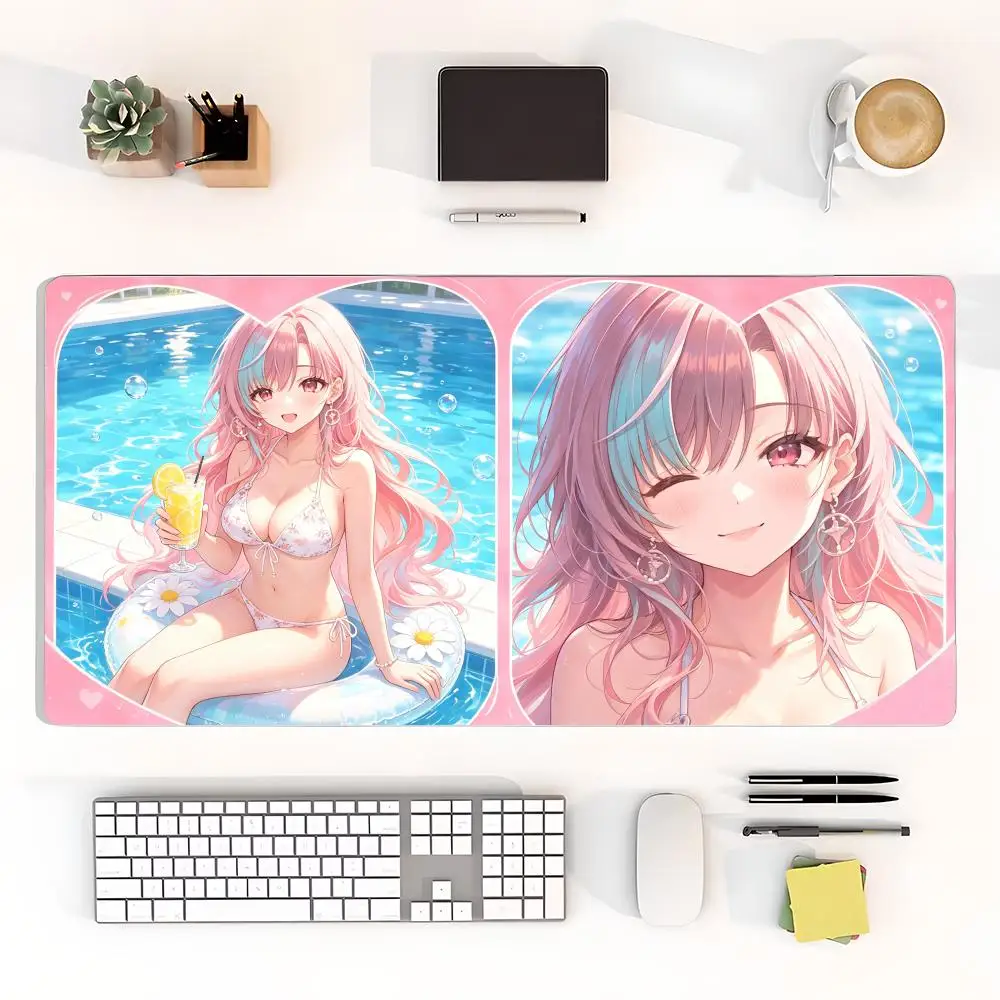 Dusk pool vibe mouse pad twin girls with green highlight hair, natural rubber anti-slip, long dual-use desk mat