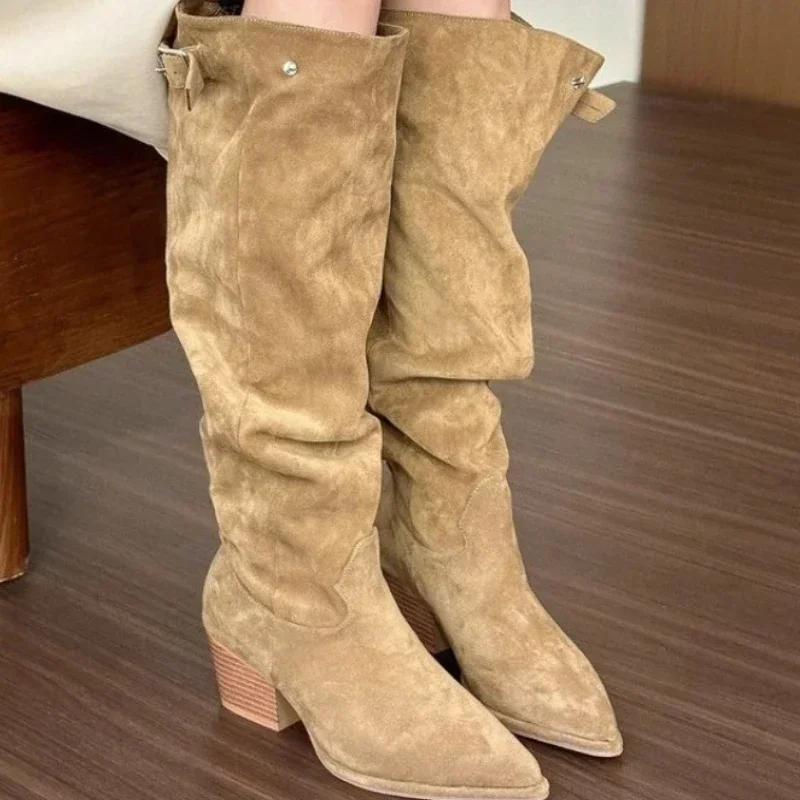 2024 Hot Selling Women\'s Shoes Spring and Autumn Fashion Pointed Toe Women\'s Boots Suede Square Heel High Women\'s Fashion Boots