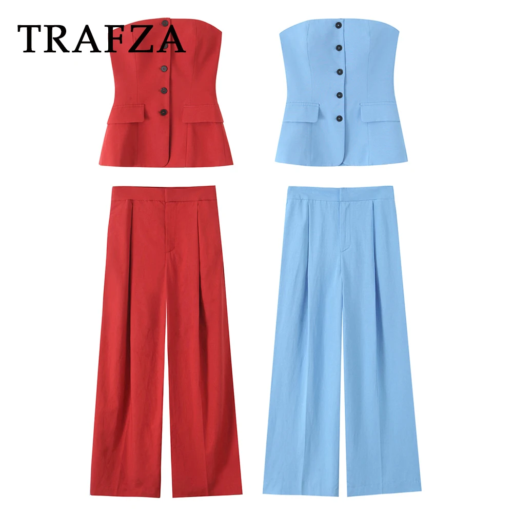 

TRAFZA Vintage High Street Fashion 2025 Woman Suits Sexy Strapless Top Vest+Wide Leg Long Pants Office Lady Blue Female Suit