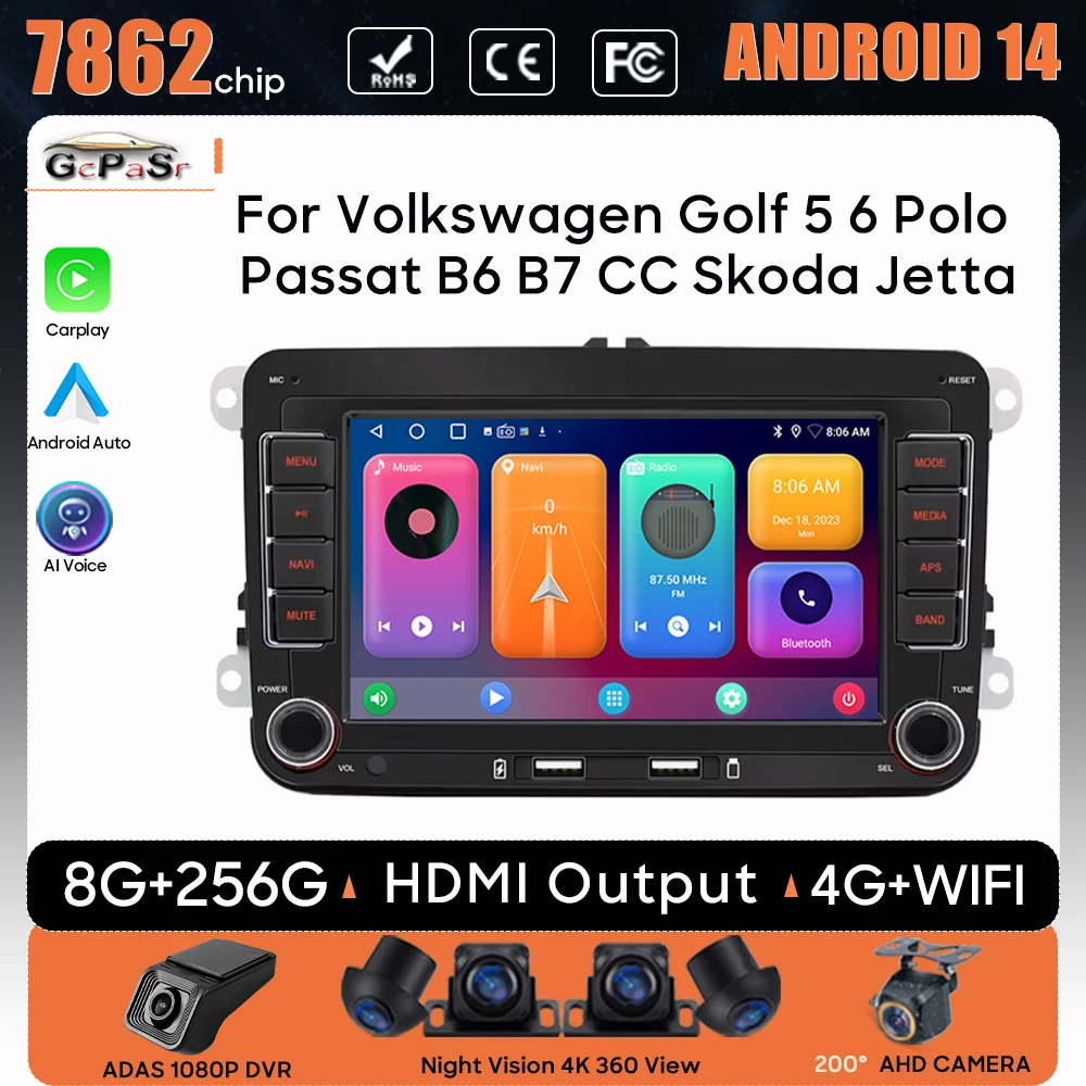 Car Radio For Volkswagen Golf 5 6 Polo Passat B6 B7 CC Skoda Jetta Navigation GPS Android Auto Stereo 4G Cam BT Carplay No 2din