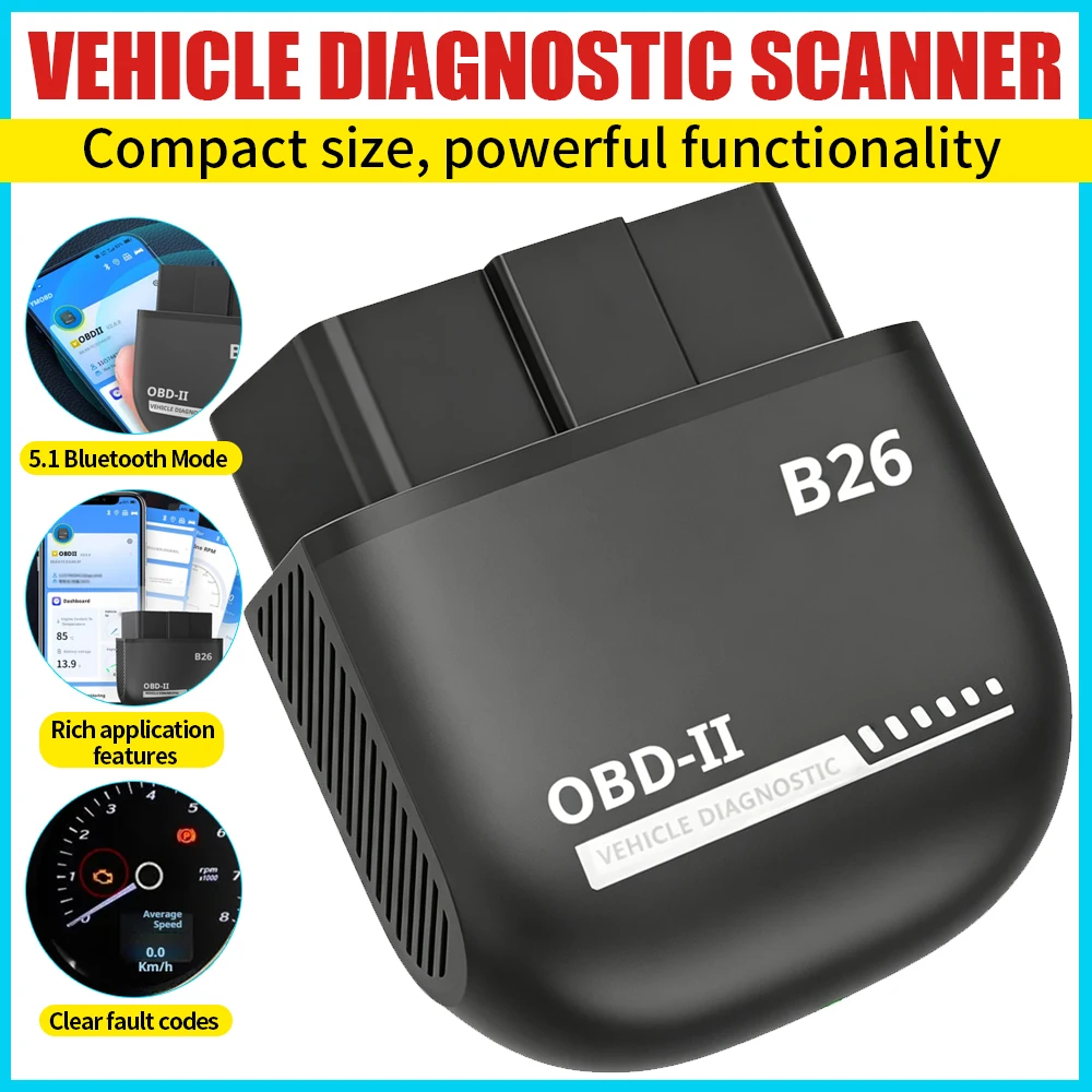 B26 OBD2 Scanner Blue-tooth 5.1 Auto Diagnostic Tool Car Code Reader Scanner Supports 9 Protocols Fault Detector OBD2 BT5.1 V1.5
