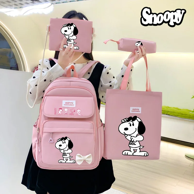 Snoopy Four-piece Schoolbag Anime Backpack Student Schoolbag Back To School Big Capacity Cartoon Bag Wallet Pencil Case Set Gift